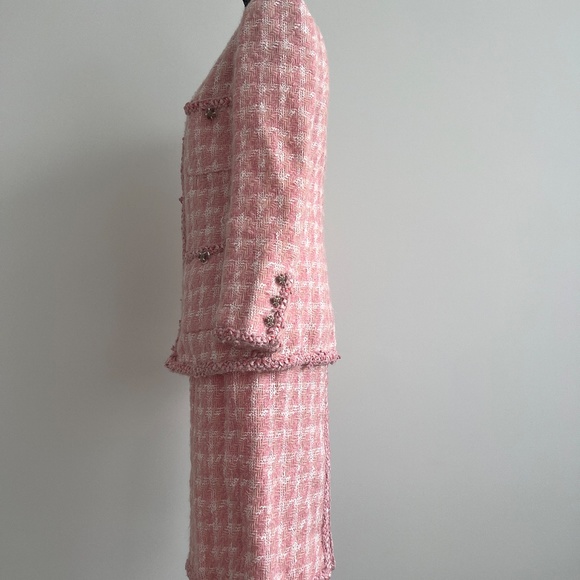 Chanel 2pc Pink Gold Button-Up Tweed Woven Trim Jacket Skirt Suit Set - Picture 3 of 11